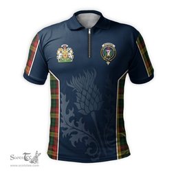 ScotsTee Shop Scottish Buchanan Clan Scottish Crest and Scottish Thistle Sport Tartan Zipper Polo Shirt