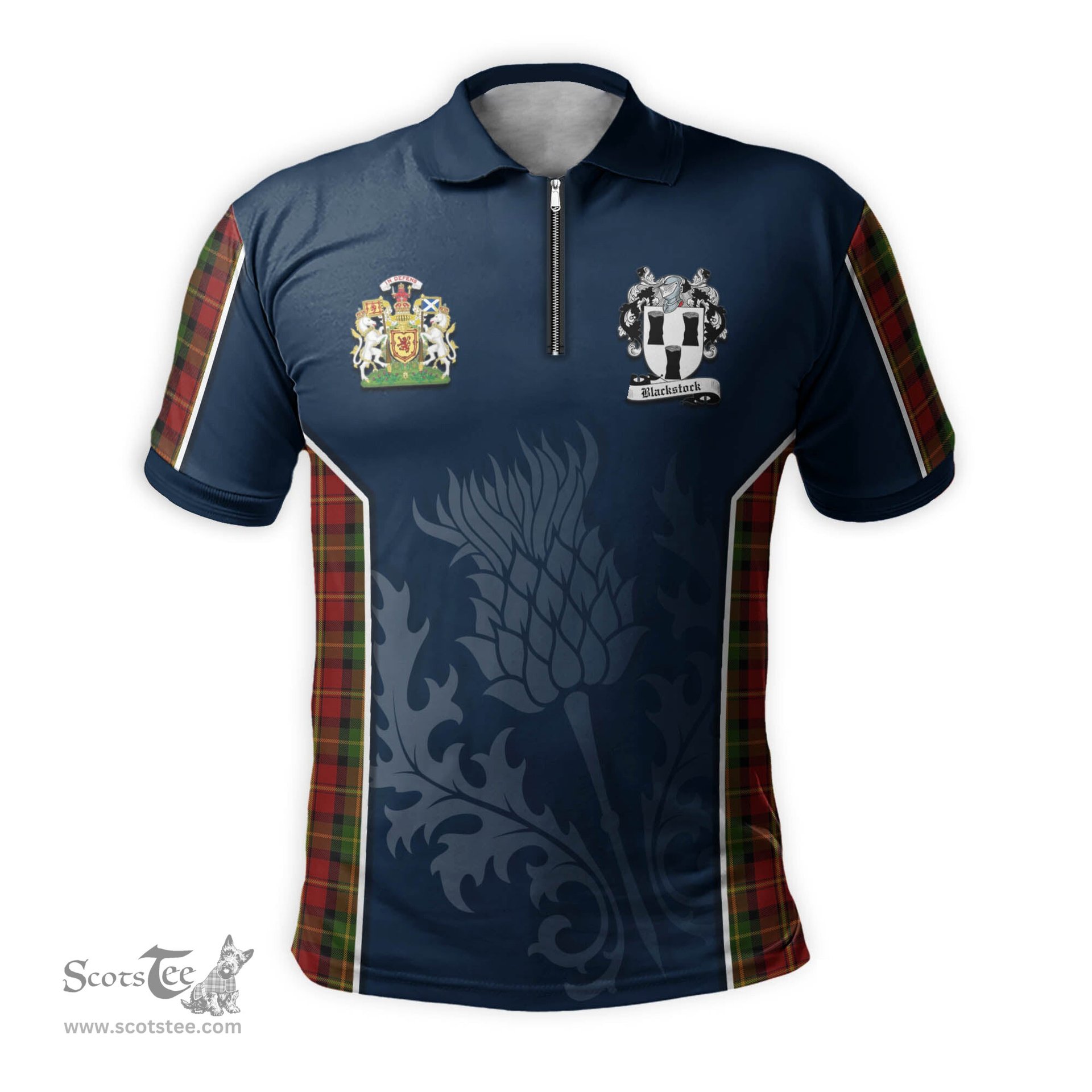 ScotsTee Shop Scottish Blackstock Red Dress Clan Scottish Crest and Scottish Thistle Sport Tartan Zipper Polo Shirt