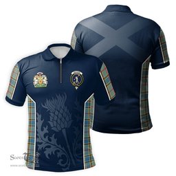 ScotsTee Shop Scottish Balfour Blue Clan Scottish Crest and Scottish Thistle Sport Tartan Zipper Polo Shirt