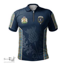 ScotsTee Shop Scottish Balfour Blue Clan Scottish Crest and Scottish Thistle Sport Tartan Zipper Polo Shirt