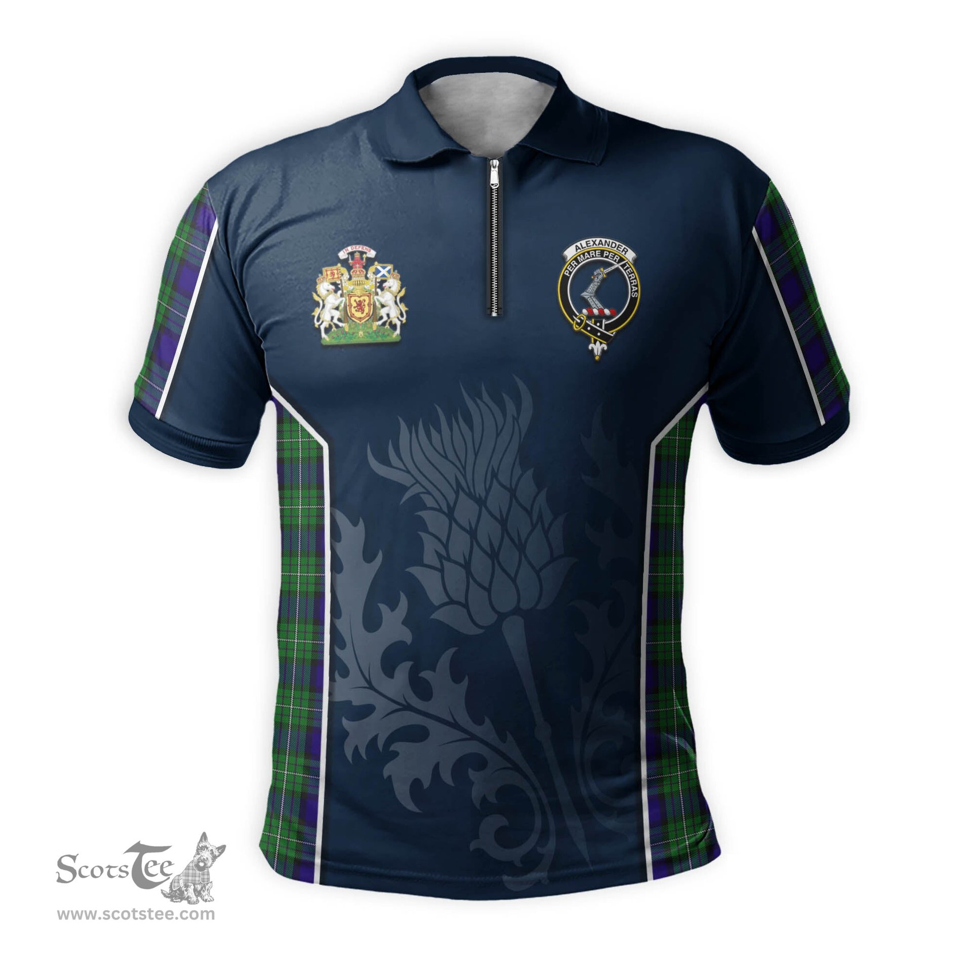 ScotsTee Shop Scottish Alexander Clan Scottish Crest and Scottish Thistle Sport Tartan Zipper Polo Shirt