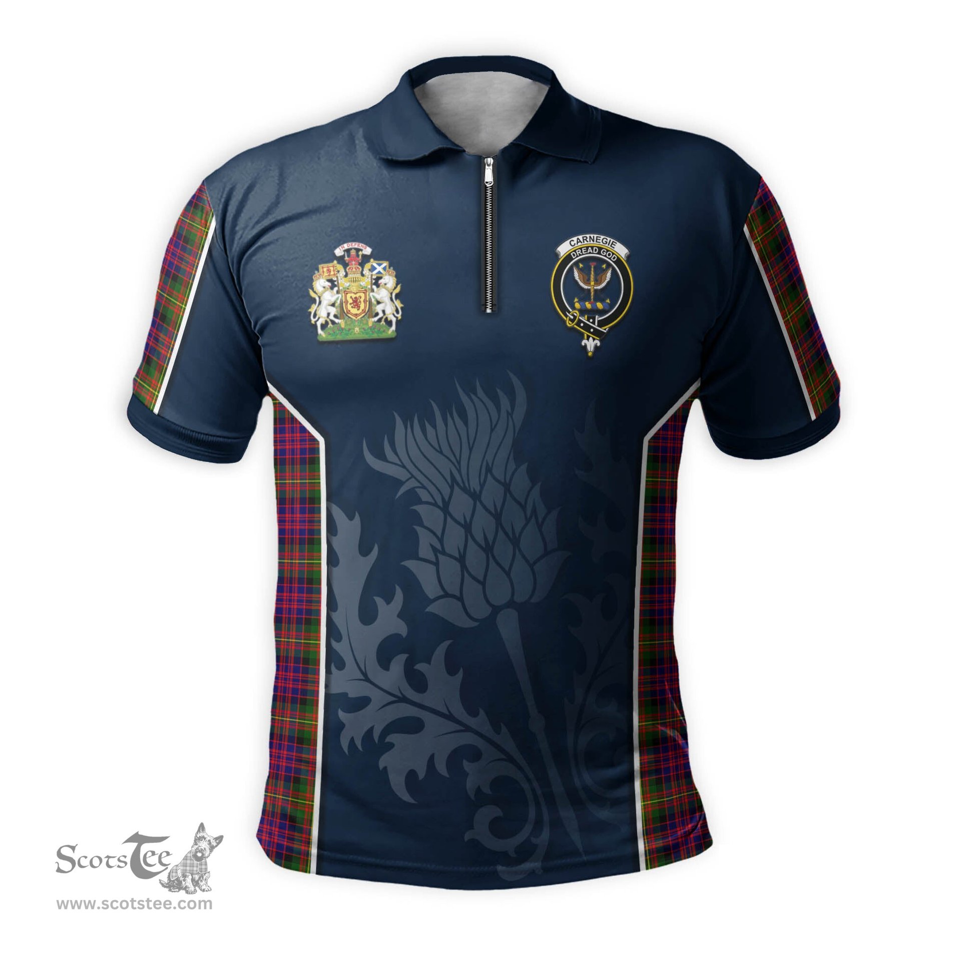 ScotsTee Shop Scottish Carnegie Modern Clan Scottish Crest and Scottish Thistle Sport Tartan Zipper Polo Shirt