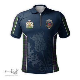 ScotsTee Shop Scottish Farquharson Clan Scottish Crest and Scottish Thistle Sport Tartan Zipper Polo Shirt