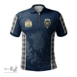 ScotsTee Shop Scottish Douglas Grey Modern Clan Scottish Crest and Scottish Thistle Sport Tartan Zipper Polo Shirt