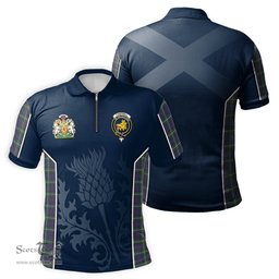 ScotsTee Shop Scottish Campbell Argyll Modern Clan Scottish Crest and Scottish Thistle Sport Tartan Zipper Polo Shirt