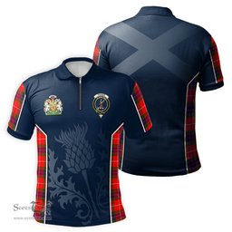 ScotsTee Shop Scottish Fraser Modern Clan Scottish Crest and Scottish Thistle Sport Tartan Zipper Polo Shirt