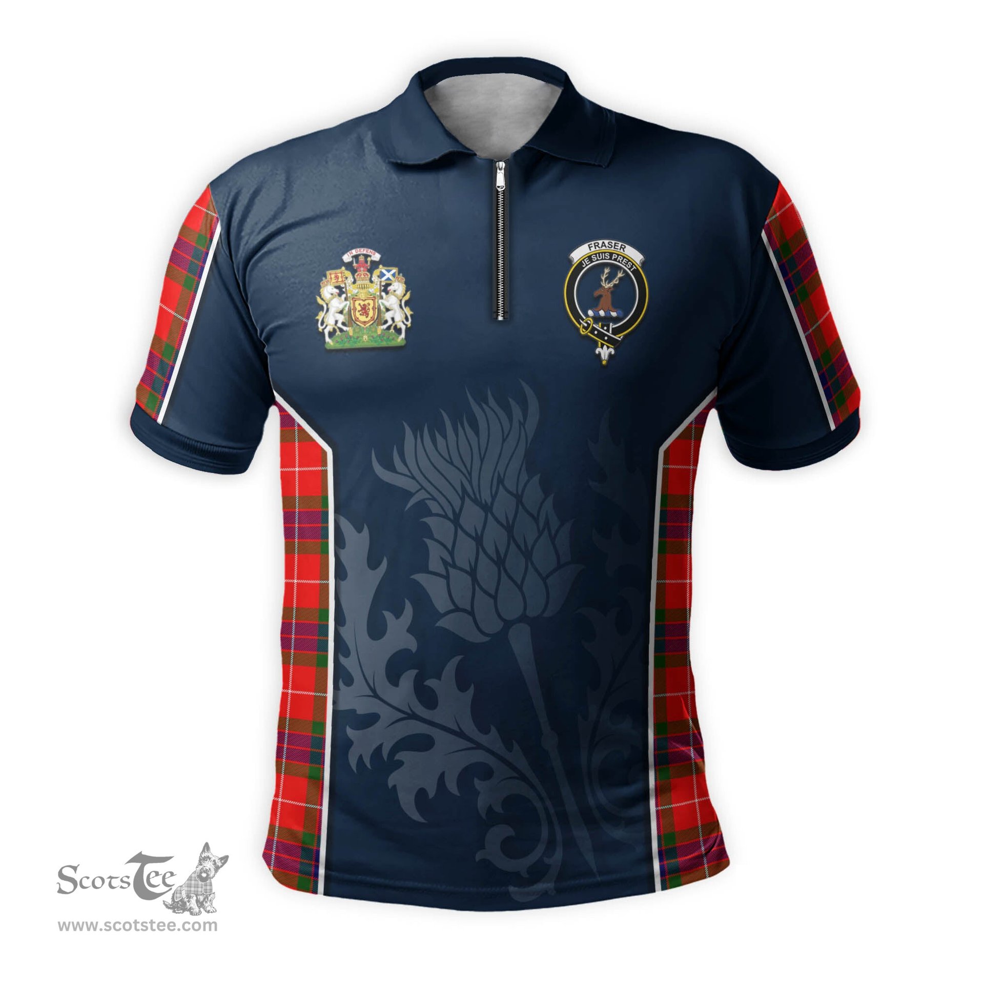 ScotsTee Shop Scottish Fraser Modern Clan Scottish Crest and Scottish Thistle Sport Tartan Zipper Polo Shirt