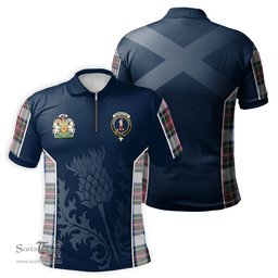 ScotsTee Shop Scottish Dennistoun Clan Scottish Crest and Scottish Thistle Sport Tartan Zipper Polo Shirt