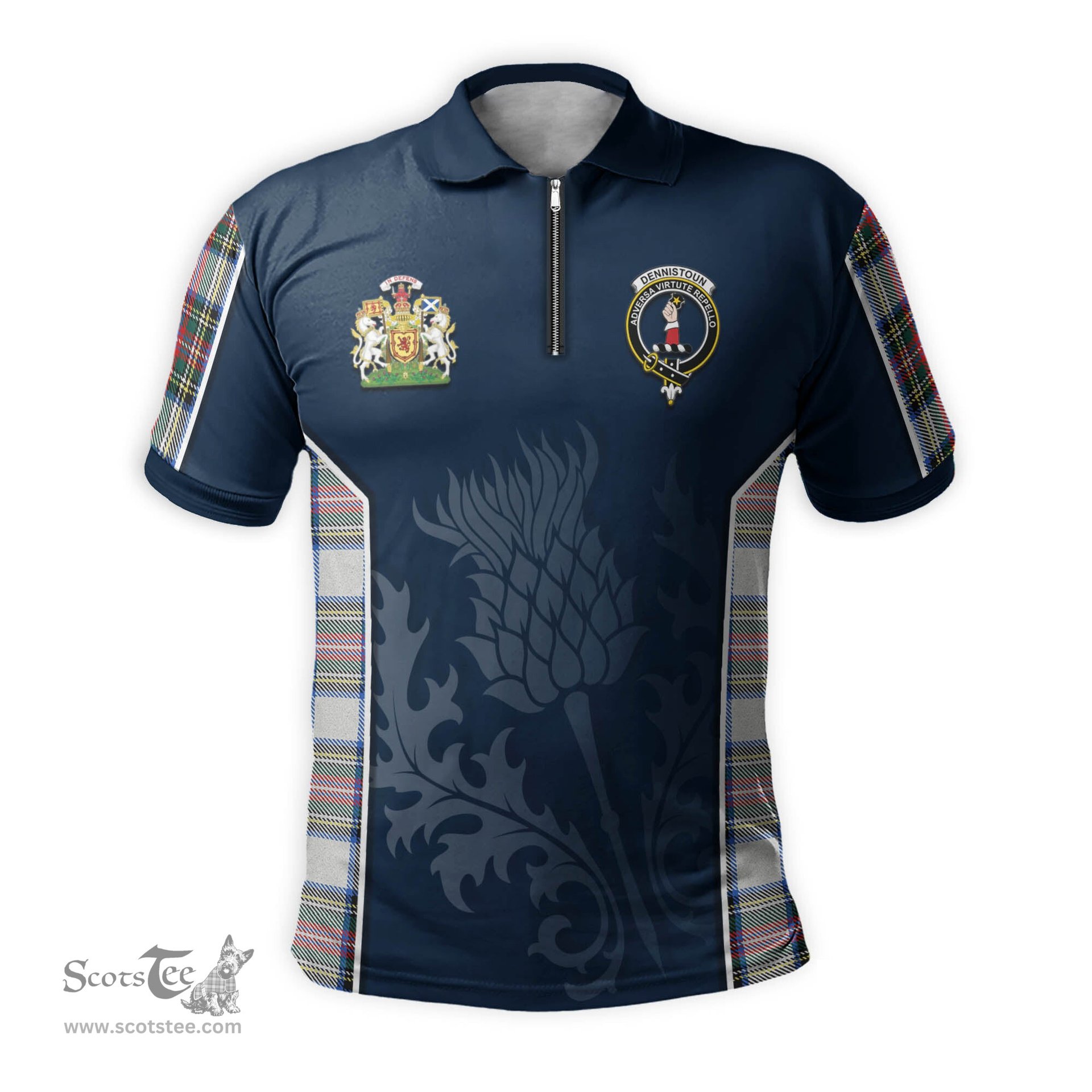 ScotsTee Shop Scottish Dennistoun Clan Scottish Crest and Scottish Thistle Sport Tartan Zipper Polo Shirt