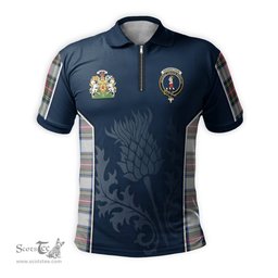 ScotsTee Shop Scottish Dennistoun Clan Scottish Crest and Scottish Thistle Sport Tartan Zipper Polo Shirt