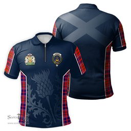 ScotsTee Shop Scottish Cameron of Lochiel Modern Clan Scottish Crest and Scottish Thistle Sport Tartan Zipper Polo Shirt