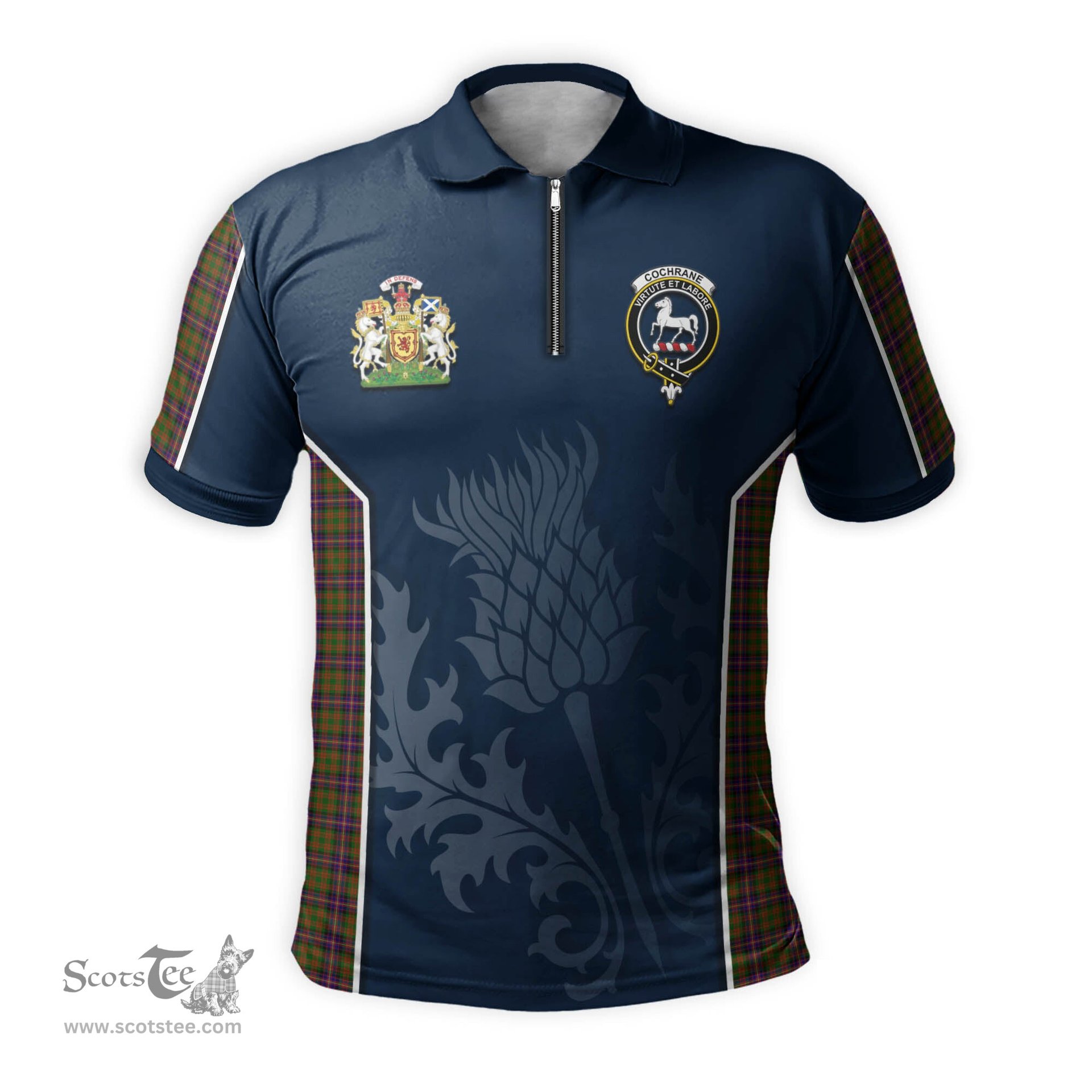 ScotsTee Shop Scottish Cochrane Modern Clan Scottish Crest and Scottish Thistle Sport Tartan Zipper Polo Shirt