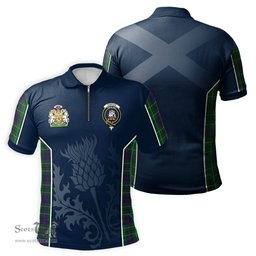 ScotsTee Shop Scottish Duncan Clan Scottish Crest and Scottish Thistle Sport Tartan Zipper Polo Shirt