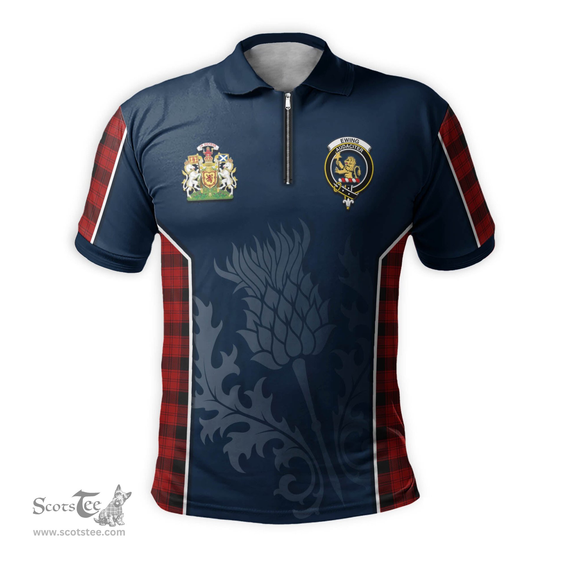 ScotsTee Shop Scottish Ewing Clan Scottish Crest and Scottish Thistle Sport Tartan Zipper Polo Shirt