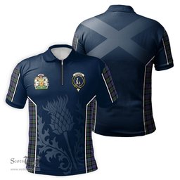 ScotsTee Shop Scottish Fletcher Modern Clan Scottish Crest and Scottish Thistle Sport Tartan Zipper Polo Shirt