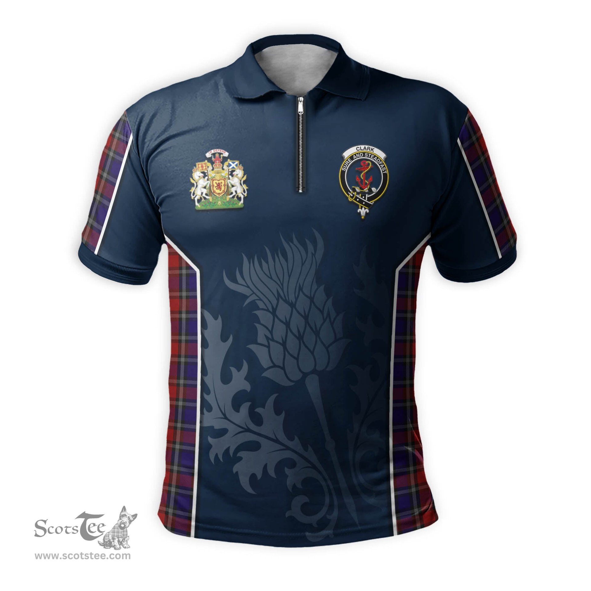 ScotsTee Shop Scottish Clark Red Clan Scottish Crest and Scottish Thistle Sport Tartan Zipper Polo Shirt