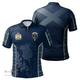 ScotsTee Shop Scottish Davidson of Tulloch Clan Scottish Crest and Scottish Thistle Sport Tartan Zipper Polo Shirt