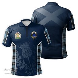ScotsTee Shop Scottish Clark (Lion) Ancient Clan Scottish Crest and Scottish Thistle Sport Tartan Zipper Polo Shirt