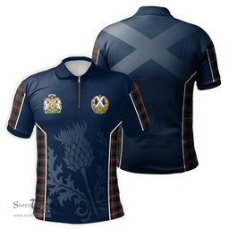 ScotsTee Shop Scottish Cameron Highlanders of Ottawa Clan Scottish Crest and Scottish Thistle Sport Tartan Zipper Polo Shirt