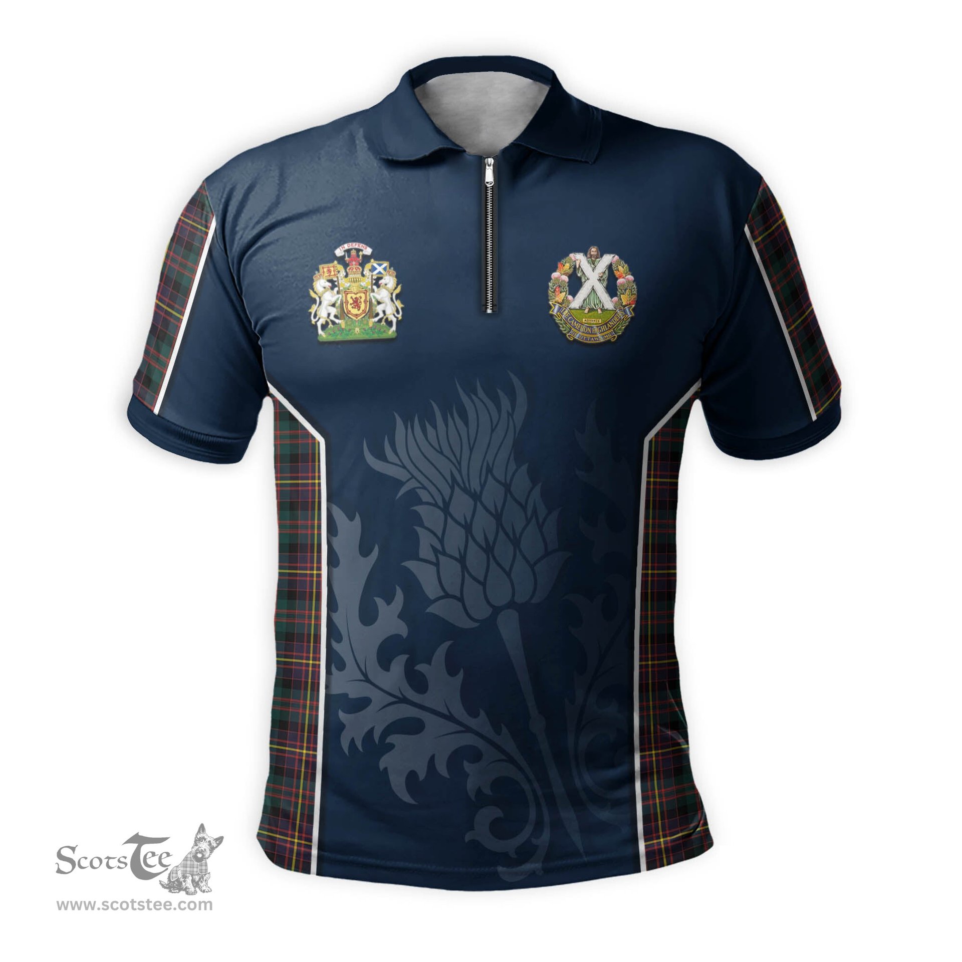 ScotsTee Shop Scottish Cameron Highlanders of Ottawa Clan Scottish Crest and Scottish Thistle Sport Tartan Zipper Polo Shirt