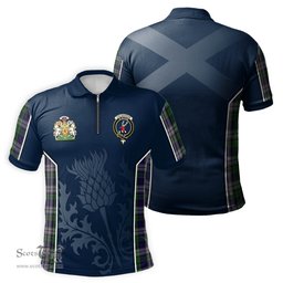 ScotsTee Shop Scottish Colquhoun Dress Clan Scottish Crest and Scottish Thistle Sport Tartan Zipper Polo Shirt