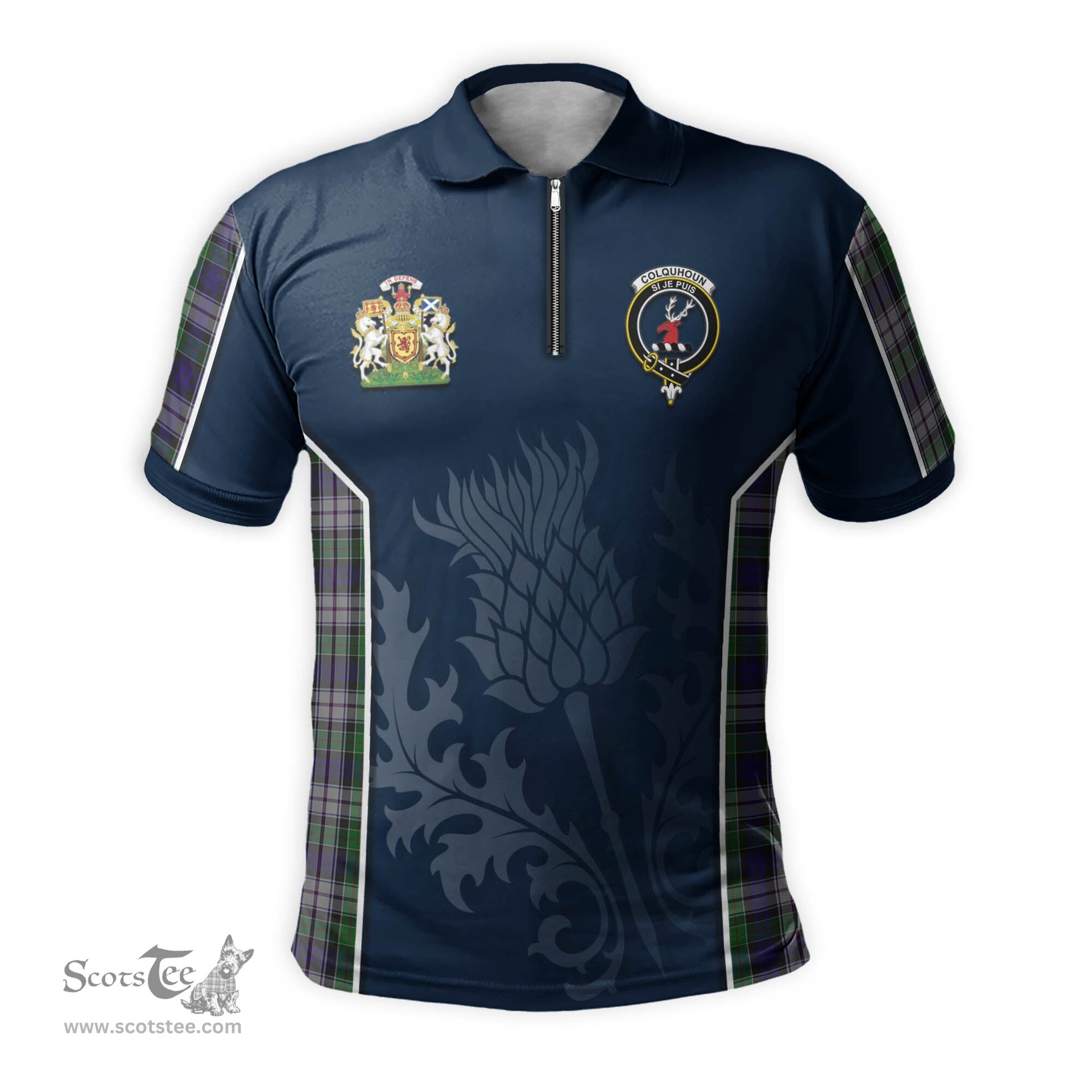 ScotsTee Shop Scottish Colquhoun Dress Clan Scottish Crest and Scottish Thistle Sport Tartan Zipper Polo Shirt