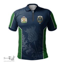 ScotsTee Shop Scottish Don Clan Scottish Crest and Scottish Thistle Sport Tartan Zipper Polo Shirt