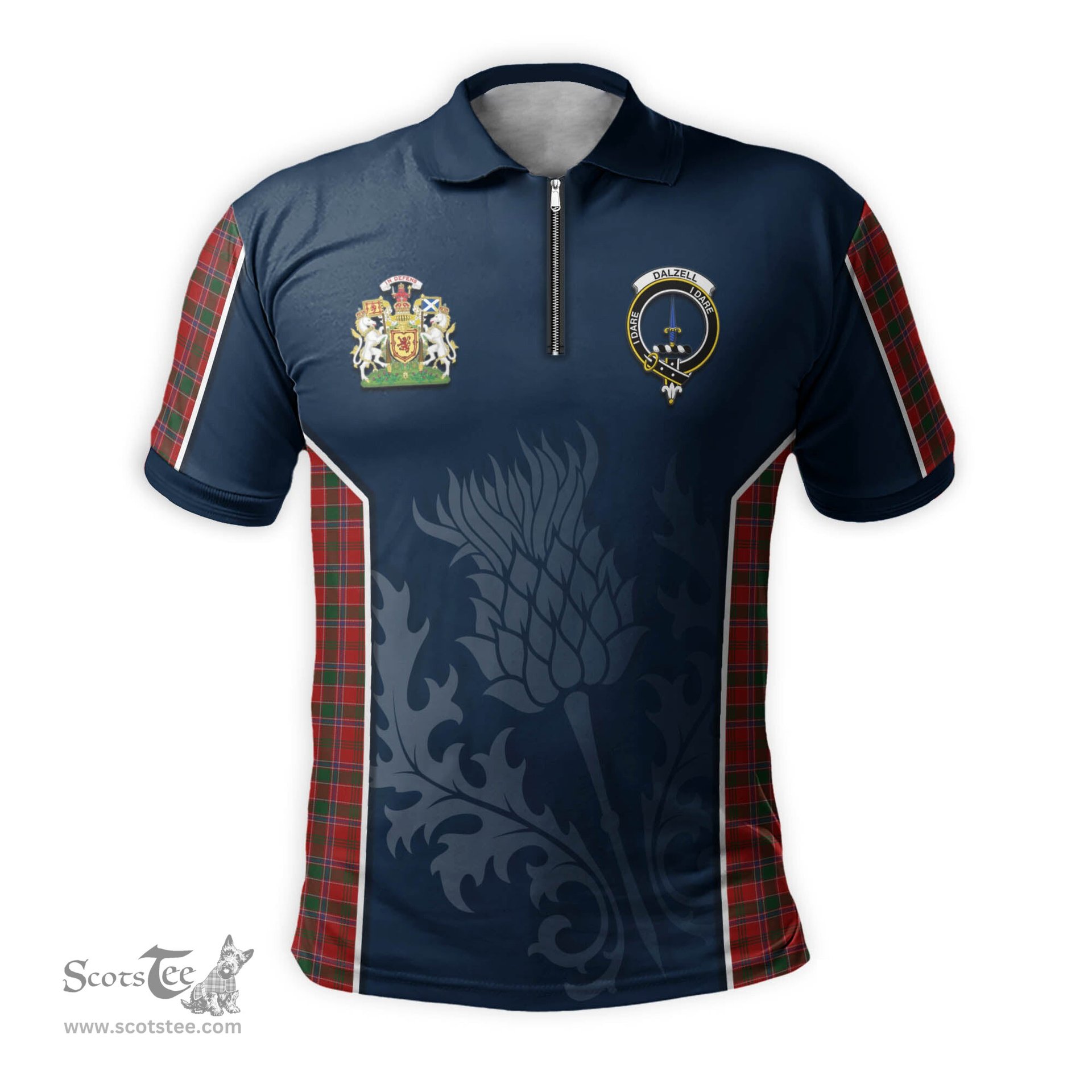 ScotsTee Shop Scottish Dalzell (Dalziel) Clan Scottish Crest and Scottish Thistle Sport Tartan Zipper Polo Shirt