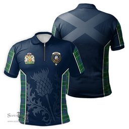 ScotsTee Shop Scottish Duncan Ancient Clan Scottish Crest and Scottish Thistle Sport Tartan Zipper Polo Shirt