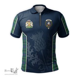ScotsTee Shop Scottish Duncan Ancient Clan Scottish Crest and Scottish Thistle Sport Tartan Zipper Polo Shirt