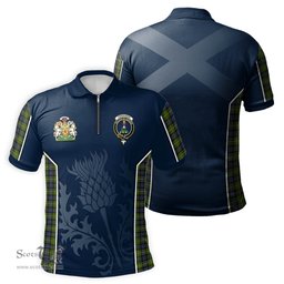ScotsTee Shop Scottish Ferguson Modern Clan Scottish Crest and Scottish Thistle Sport Tartan Zipper Polo Shirt