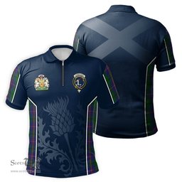 ScotsTee Shop Scottish Carmichael Clan Scottish Crest and Scottish Thistle Sport Tartan Zipper Polo Shirt