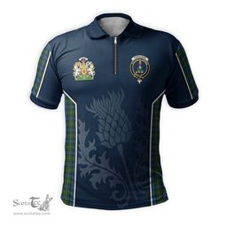 ScotsTee Shop Scottish Ferguson of Atholl Clan Scottish Crest and Scottish Thistle Sport Tartan Zipper Polo Shirt