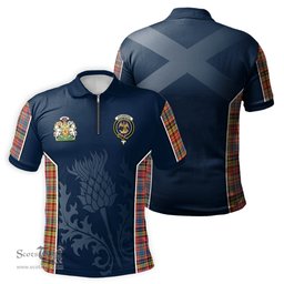 ScotsTee Shop Scottish Drummond of Strathallan Modern Clan Scottish Crest and Scottish Thistle Sport Tartan Zipper Polo Shirt