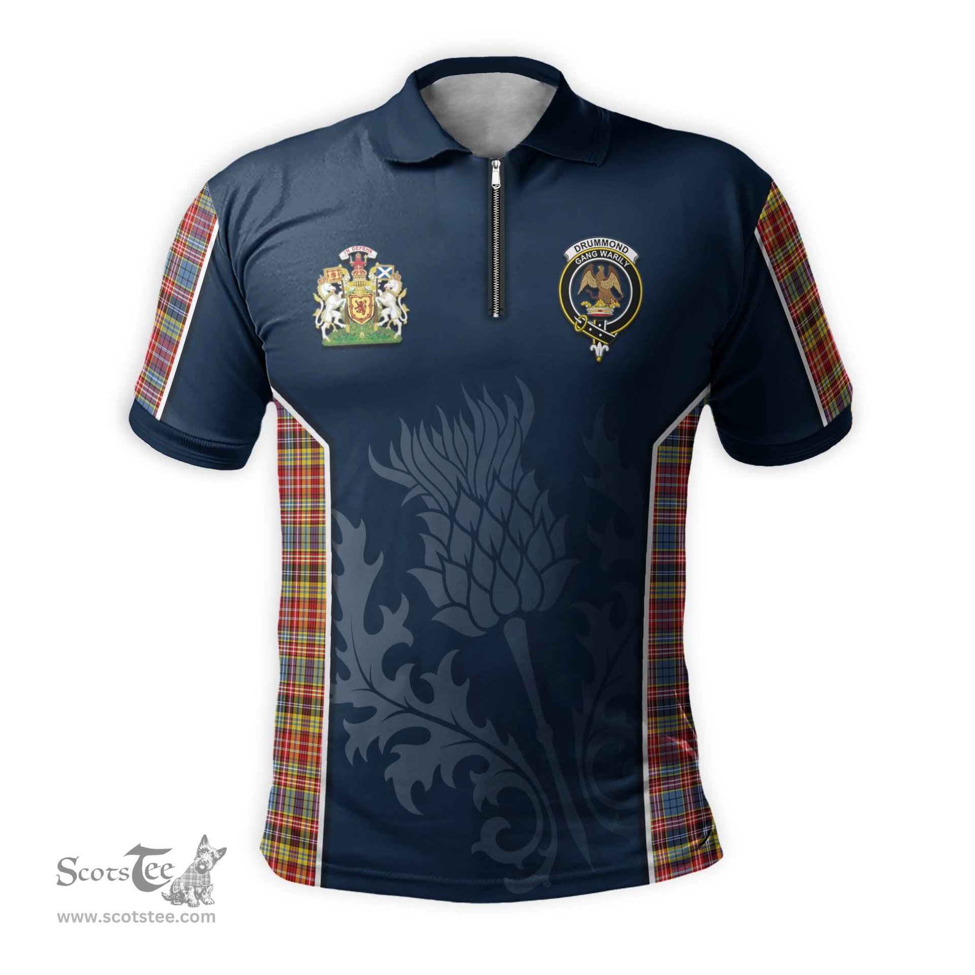 ScotsTee Shop Scottish Drummond of Strathallan Modern Clan Scottish Crest and Scottish Thistle Sport Tartan Zipper Polo Shirt