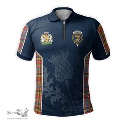 ScotsTee Shop Scottish Drummond of Strathallan Modern Clan Scottish Crest and Scottish Thistle Sport Tartan Zipper Polo Shirt