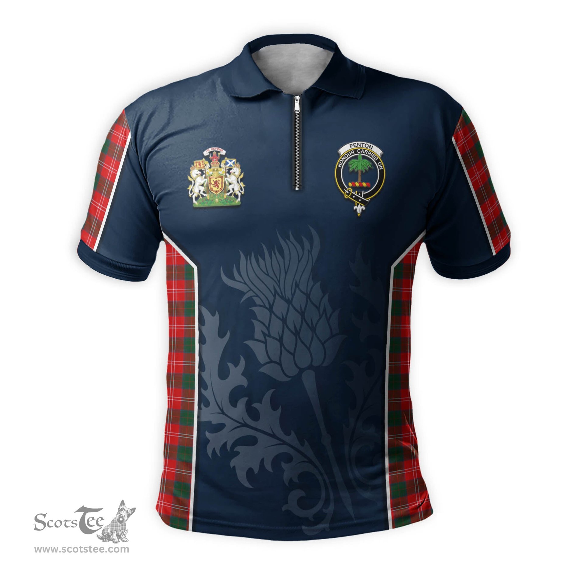 ScotsTee Shop Scottish Fenton Clan Scottish Crest and Scottish Thistle Sport Tartan Zipper Polo Shirt