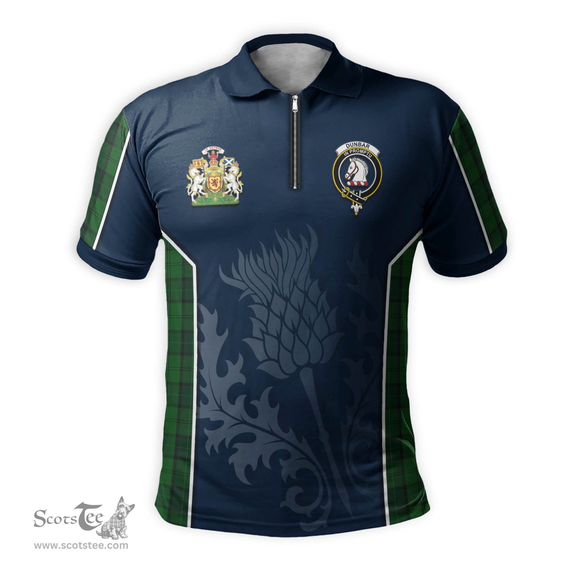 ScotsTee Shop Scottish Dunbar Hunting Clan Scottish Crest and Scottish Thistle Sport Tartan Zipper Polo Shirt