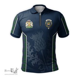 ScotsTee Shop Scottish Douglas Green Clan Scottish Crest and Scottish Thistle Sport Tartan Zipper Polo Shirt