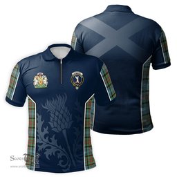 ScotsTee Shop Scottish Cathcart Clan Scottish Crest and Scottish Thistle Sport Tartan Zipper Polo Shirt