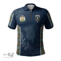 ScotsTee Shop Scottish Cathcart Clan Scottish Crest and Scottish Thistle Sport Tartan Zipper Polo Shirt