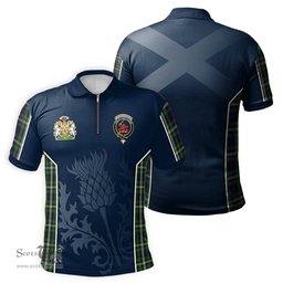 ScotsTee Shop Scottish Farquharson Dress Clan Scottish Crest and Scottish Thistle Sport Tartan Zipper Polo Shirt