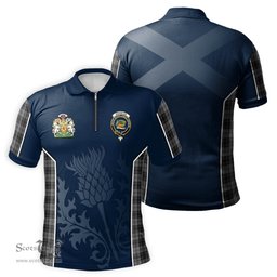 ScotsTee Shop Scottish Douglas Grey Clan Scottish Crest and Scottish Thistle Sport Tartan Zipper Polo Shirt