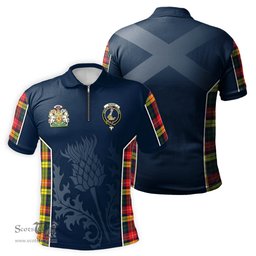ScotsTee Shop Scottish Dewar Clan Scottish Crest and Scottish Thistle Sport Tartan Zipper Polo Shirt