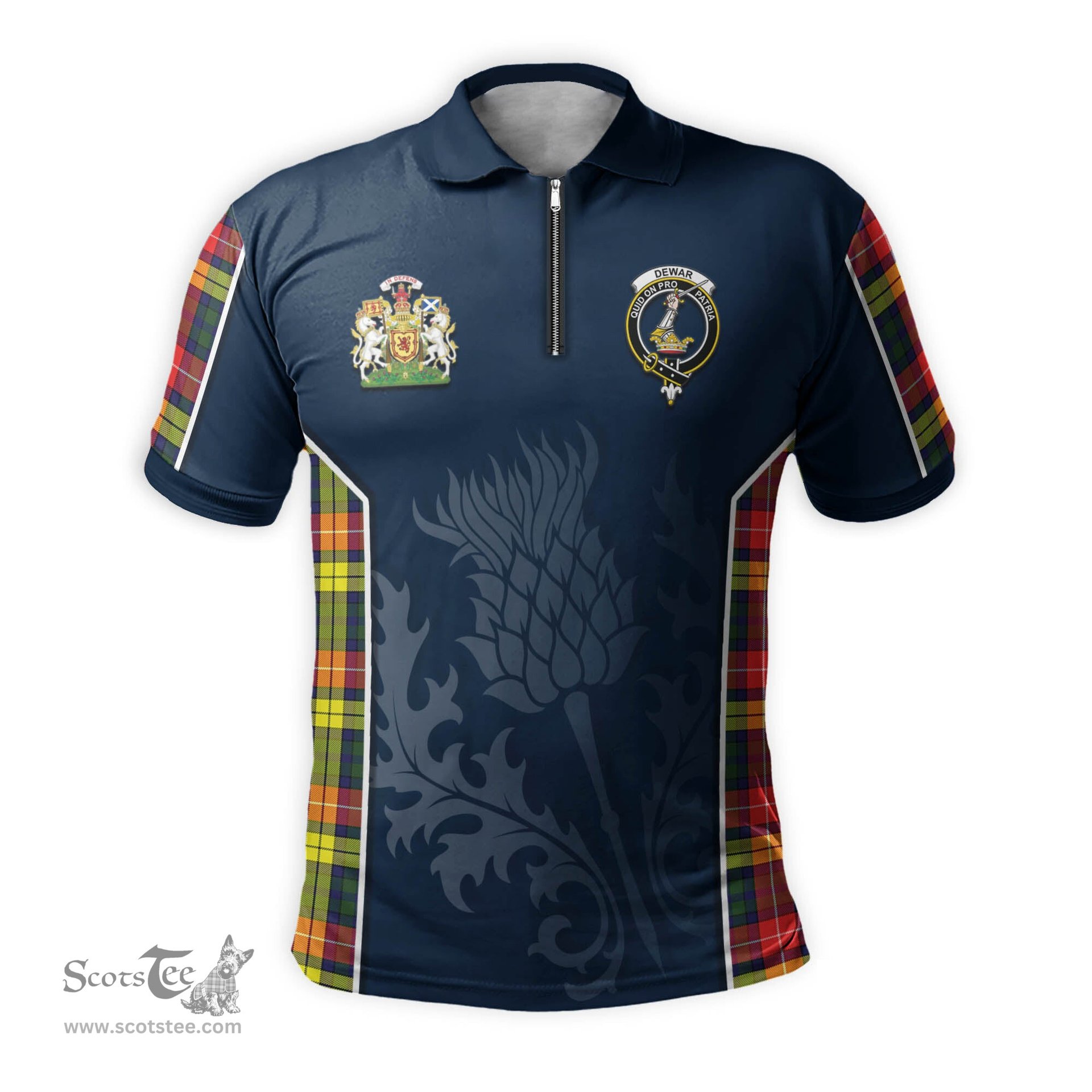 ScotsTee Shop Scottish Dewar Clan Scottish Crest and Scottish Thistle Sport Tartan Zipper Polo Shirt