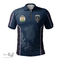 ScotsTee Shop Scottish Dunlop Clan Scottish Crest and Scottish Thistle Sport Tartan Zipper Polo Shirt
