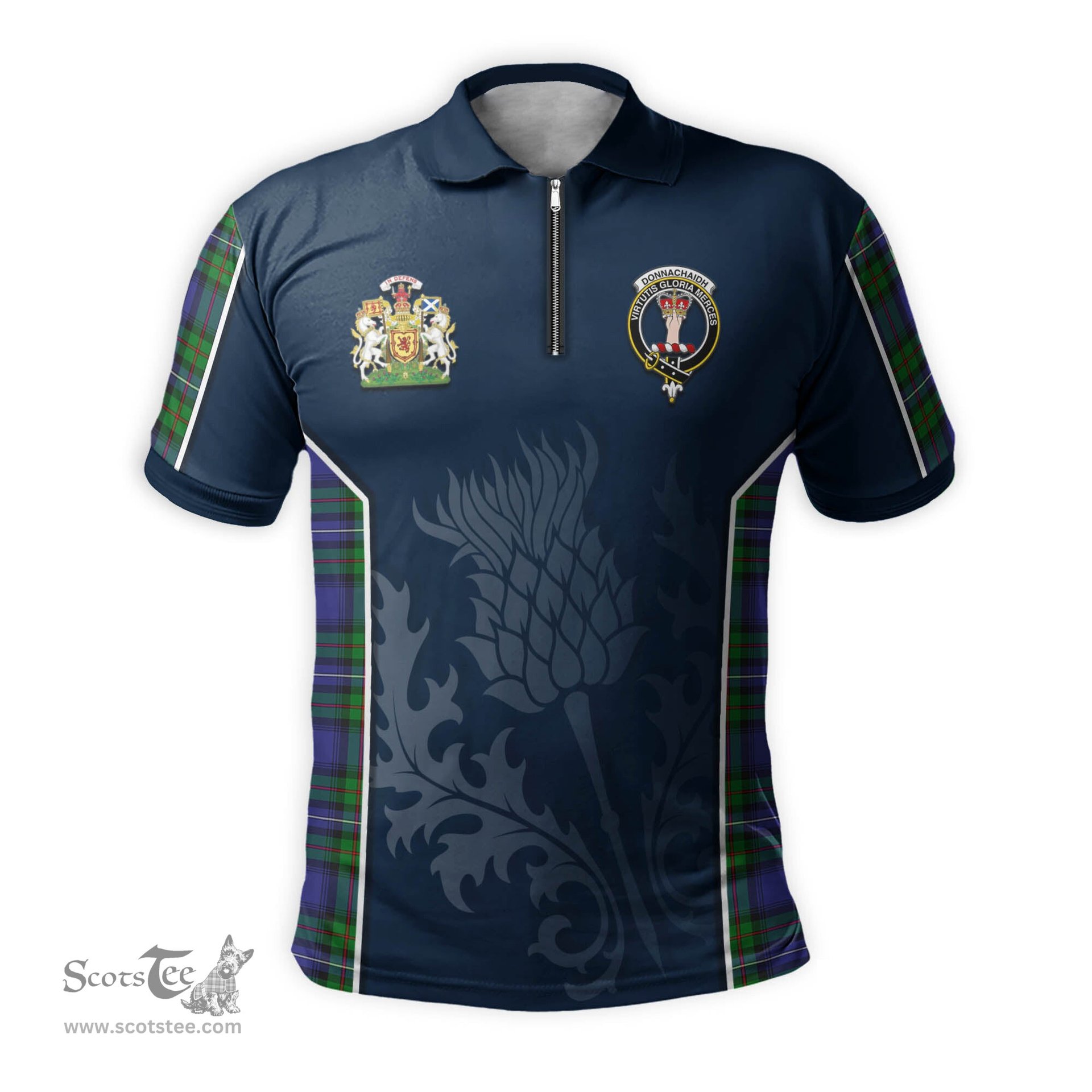 ScotsTee Shop Scottish Donnachaidh Clan Scottish Crest and Scottish Thistle Sport Tartan Zipper Polo Shirt