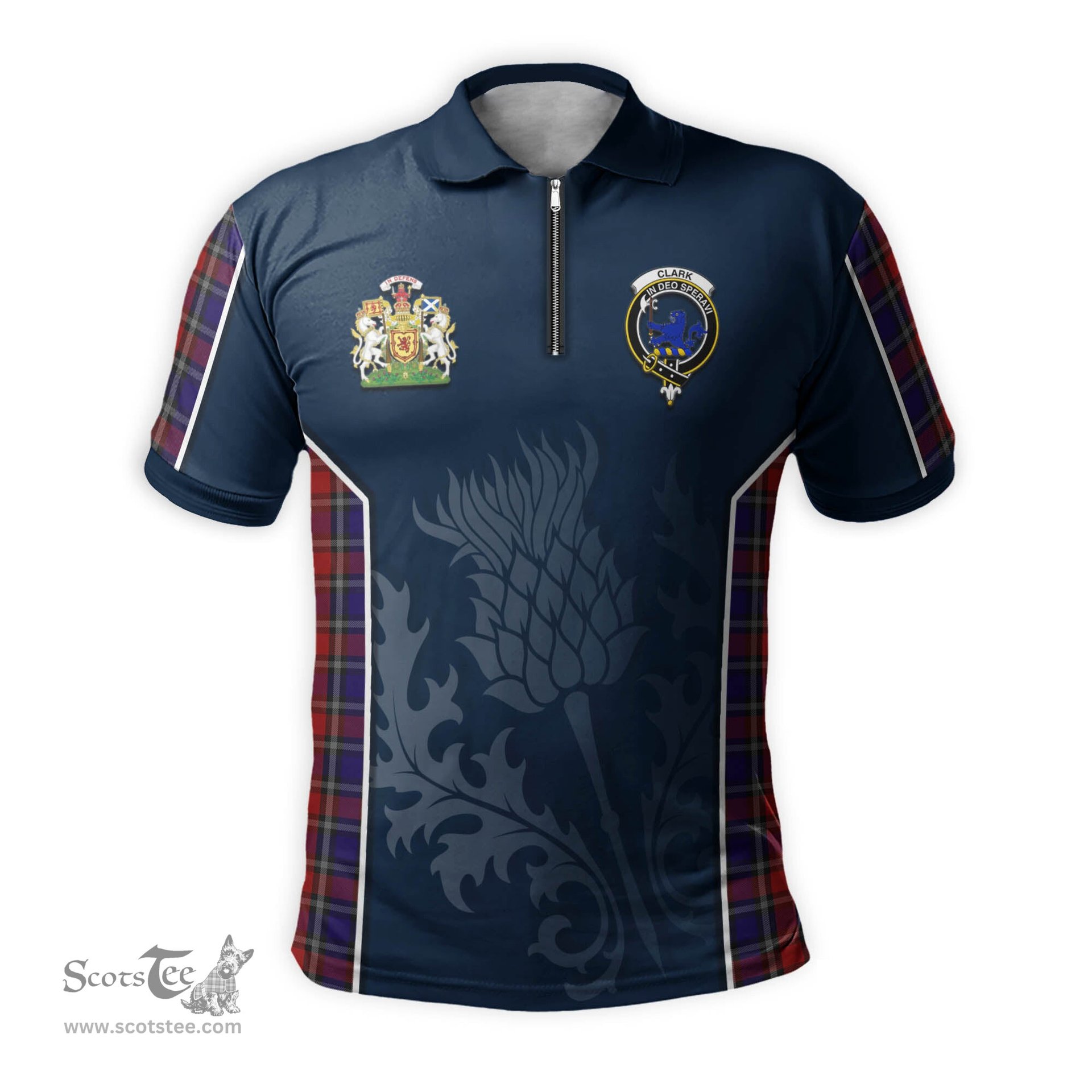 ScotsTee Shop Scottish Clark (Lion) Red Clan Scottish Crest and Scottish Thistle Sport Tartan Zipper Polo Shirt