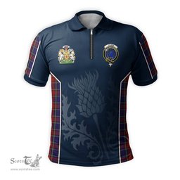 ScotsTee Shop Scottish Clark (Lion) Red Clan Scottish Crest and Scottish Thistle Sport Tartan Zipper Polo Shirt