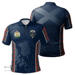 ScotsTee Shop Scottish Fraser Ancient Clan Scottish Crest and Scottish Thistle Sport Tartan Zipper Polo Shirt
